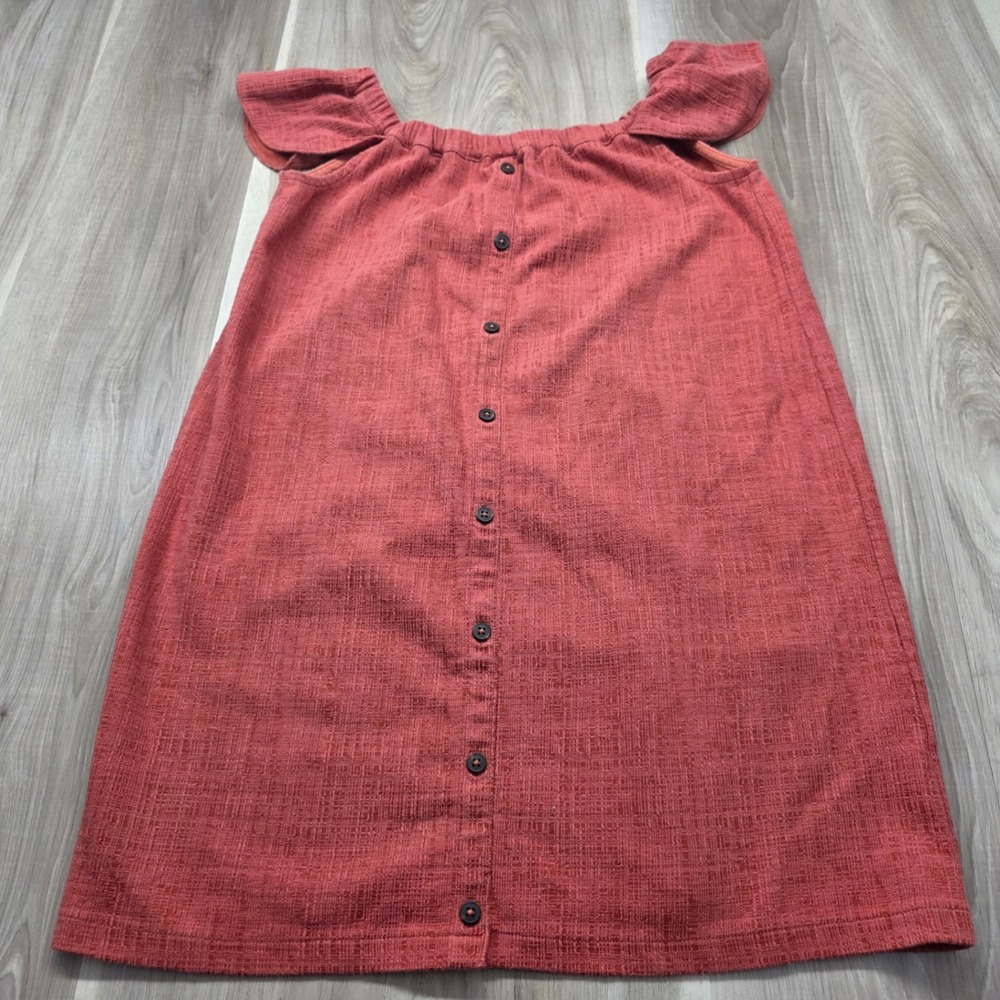 Madewell Off-the-Shoulder Textured Button Front Flutter Sleeve Mini Dress Rust